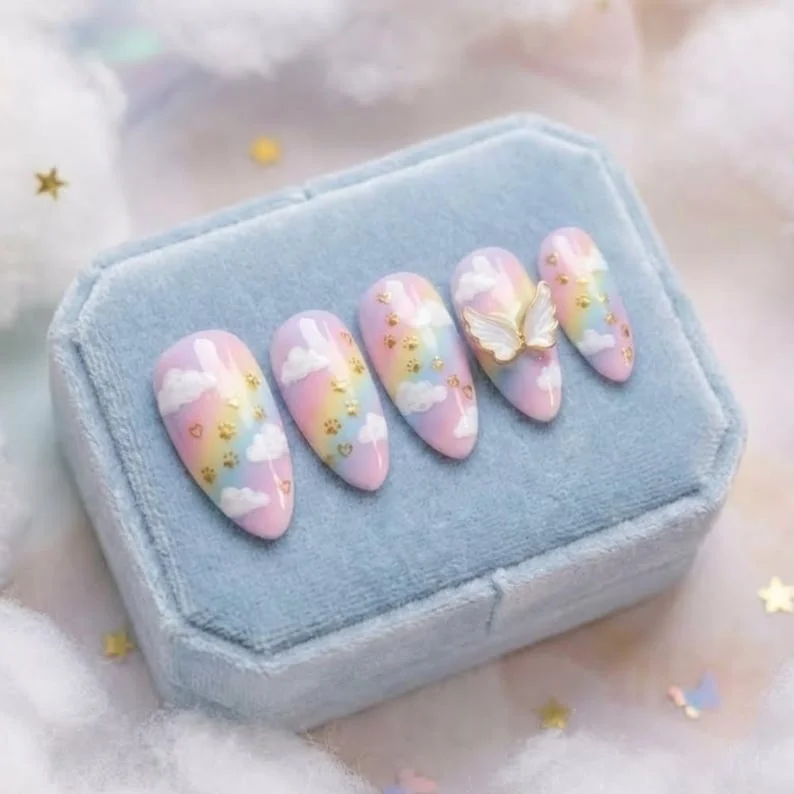 angel wing nails, reusable press on, press on nails, custom press on nails, fake nails, Nails Art, stained glass nails, gold press on nails, 3d press on nails, luxury press on nails, handmade press on nails