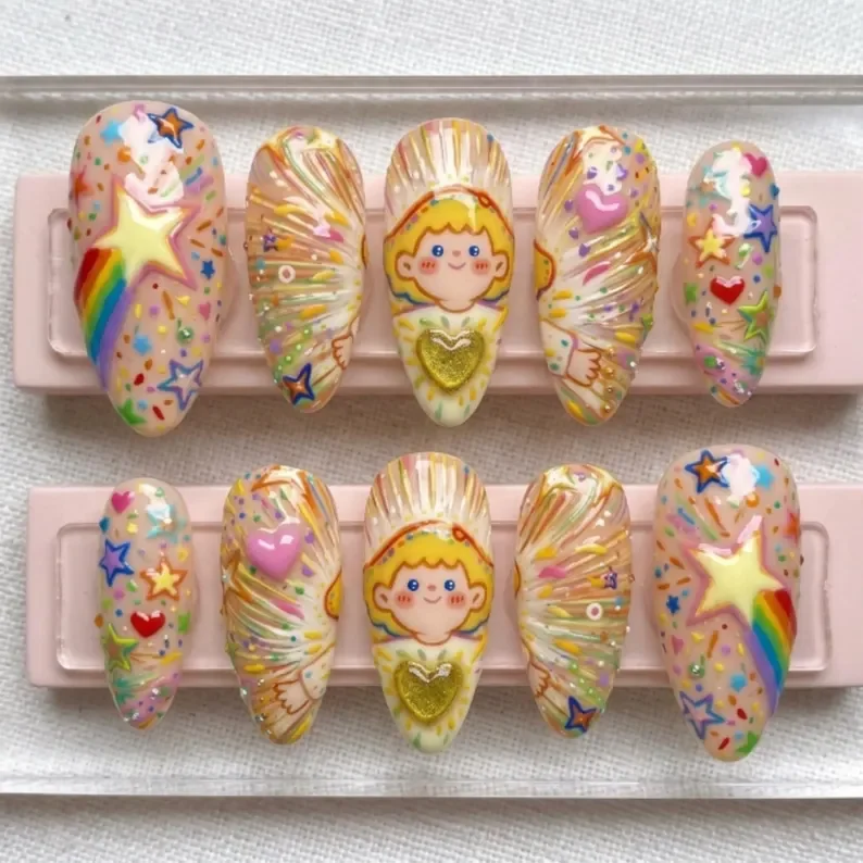 rainbow kawaii core, 3D hand painted, press on nails, custom press on nails, fake nails, Nails Art, stained glass nails, gold press on nails, 3d press on nails, luxury press on nails, handmade press on nails