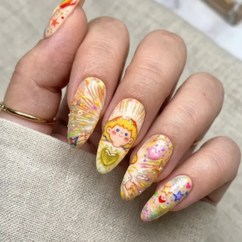 press on nails, whimsical starry boy, custom press on nails, fake nails, Nails Art, stained glass nails, gold press on nails, 3d press on nails, luxury press on nails, handmade press on nails