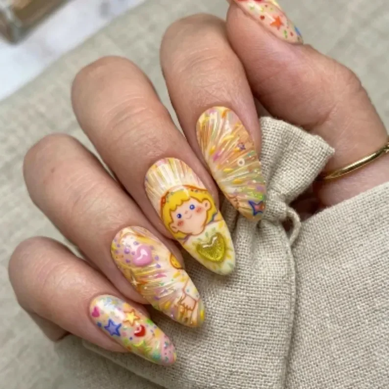 shooting star set, artisan nail set, press on nails, custom press on nails, fake nails, Nails Art, stained glass nails, gold press on nails, 3d press on nails, luxury press on nails, handmade press on nails