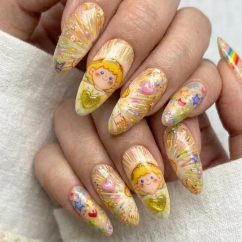 kawaii nail art, starry boy nails, press on nails, custom press on nails, fake nails, Nails Art, stained glass nails, gold press on nails, 3d press on nails, luxury press on nails, handmade press on nails