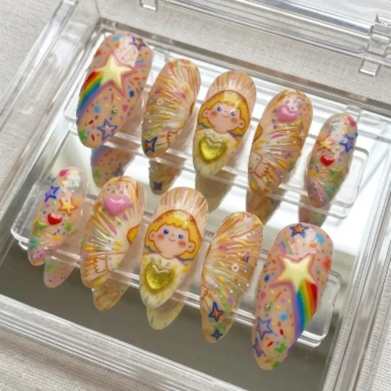 rainbow kawaii core, 3D hand painted, press on nails, custom press on nails, fake nails, Nails Art, stained glass nails, gold press on nails, 3d press on nails, luxury press on nails, handmade press on nails
