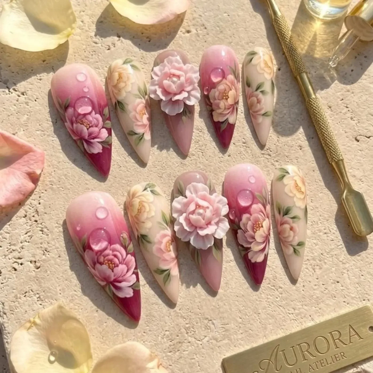 bridal manicure, 3D flower nails, press on nails, custom press on nails, fake nails, Nails Art, stained glass nails, gold press on nails, 3d press on nails, luxury press on nails, handmade press on nails