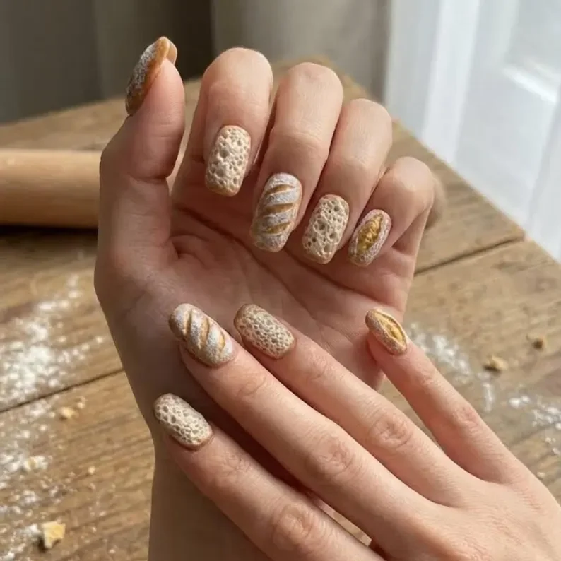 baguette nail art, bakery themed nails, press on nails, custom press on nails, fake nails, Nails Art, stained glass nails, gold press on nails, 3d press on nails, luxury press on nails, handmade press on nails