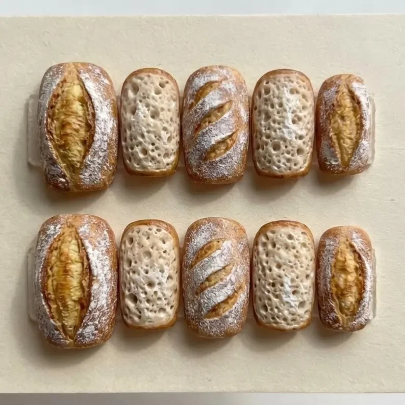 textured bread design, artisan bakery nails, press on nails, custom press on nails, fake nails, Nails Art, stained glass nails, gold press on nails, 3d press on nails, luxury press on nails, handmade press on nails