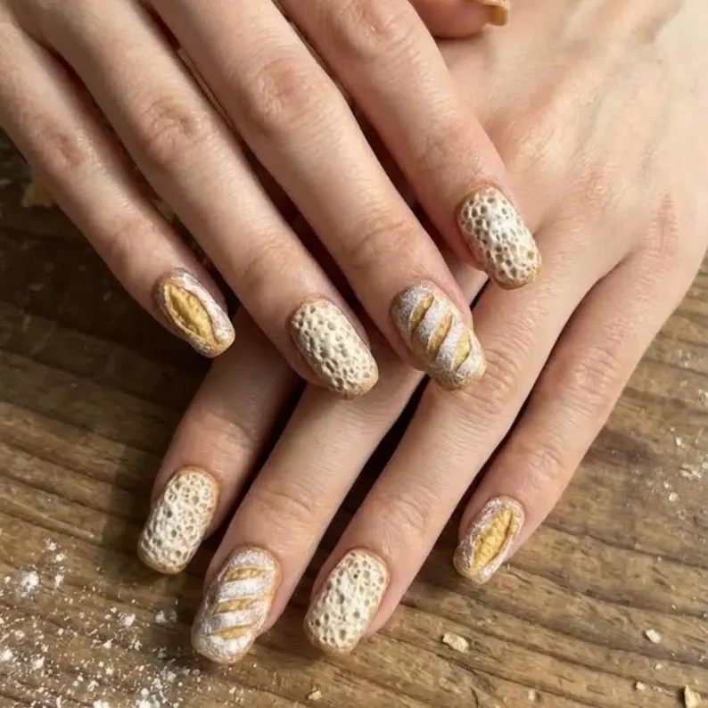 sourdough bread nails, press on nails, custom press on nails, fake nails, Nails Art, stained glass nails, gold press on nails, 3d press on nails, luxury press on nails, handmade press on nails