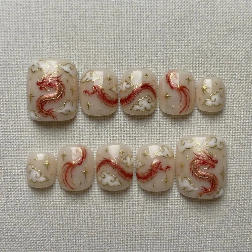 toe nail set, red dragon press, press on nails, custom press on nails, fake nails, Nails Art, stained glass nails, gold press on nails, 3d press on nails, luxury press on nails, handmade press on nails