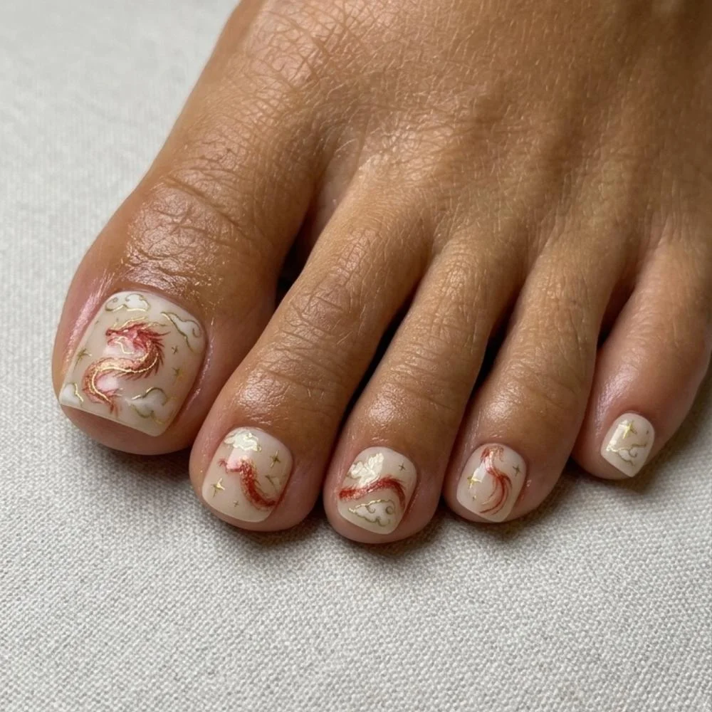 cloud pedi, lunar new year, press on nails, custom press on nails, fake nails, Nails Art, stained glass nails, gold press on nails, 3d press on nails, luxury press on nails, handmade press on nails