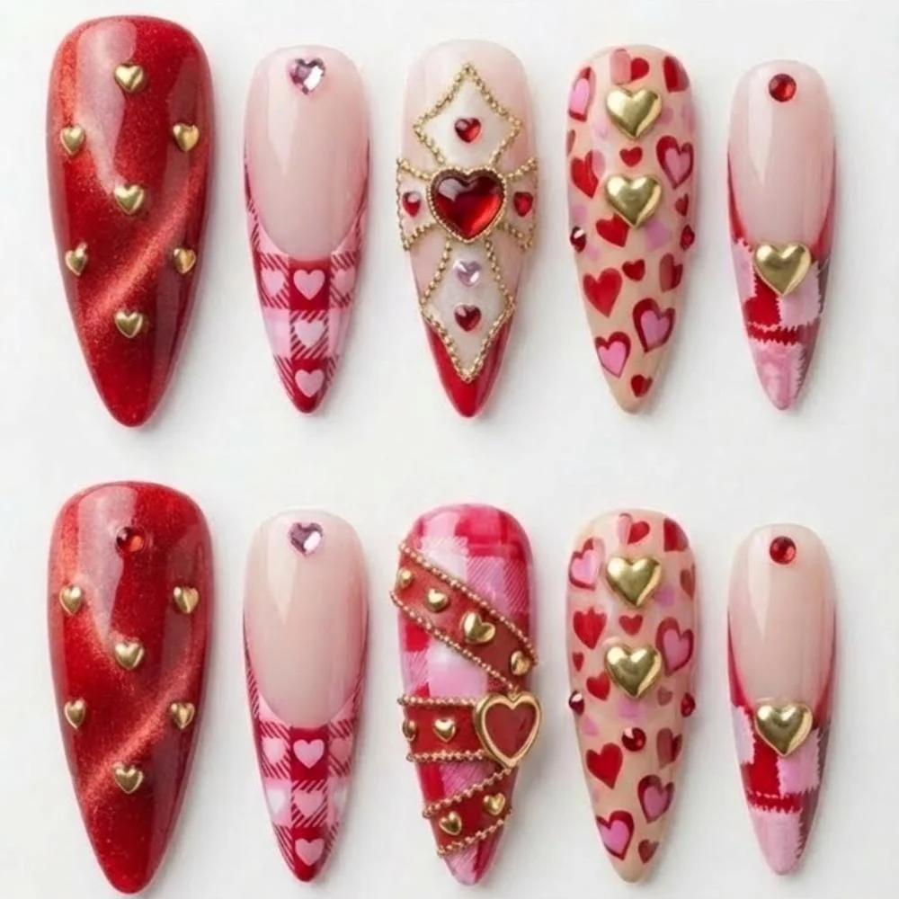 press on nails, red heart nails, custom press on nails, fake nails, Nails Art, stained glass nails, gold press on nails, 3d press on nails, luxury press on nails, handmade press on nails