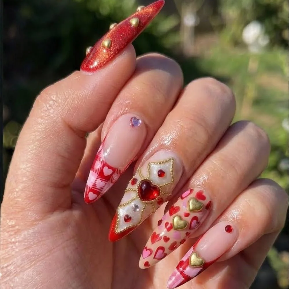 3D gold charm, valentine gingham, press on nails, custom press on nails, fake nails, Nails Art, stained glass nails, gold press on nails, 3d press on nails, luxury press on nails, handmade press on nails