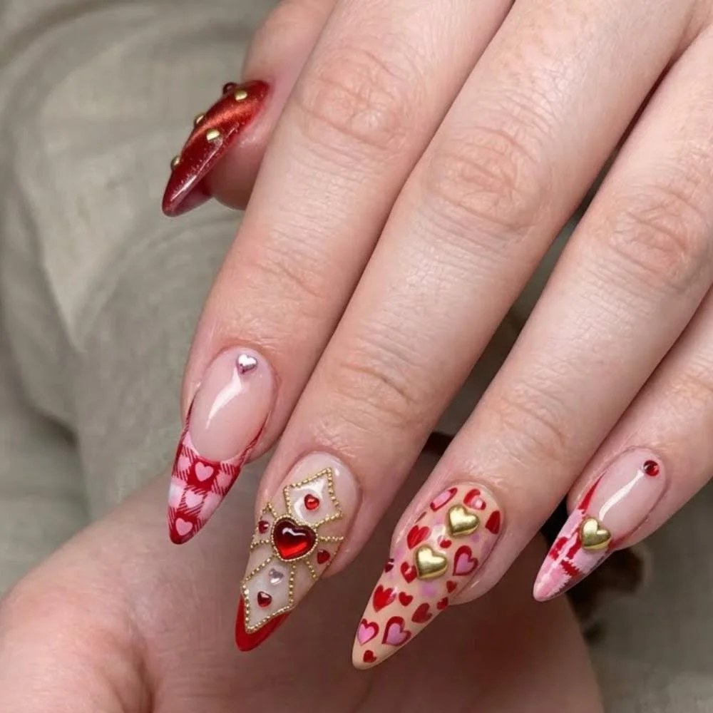 gingham nail art, valentines nails, press on nails, custom press on nails, fake nails, Nails Art, stained glass nails, gold press on nails, 3d press on nails, luxury press on nails, handmade press on nails