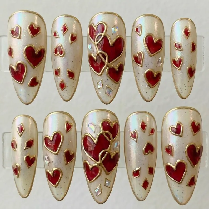 3D gold filigree, iridescent pearl, press on nails, custom press on nails, fake nails, Nails Art, stained glass nails, gold press on nails, 3d press on nails, luxury press on nails, handmade press on nails