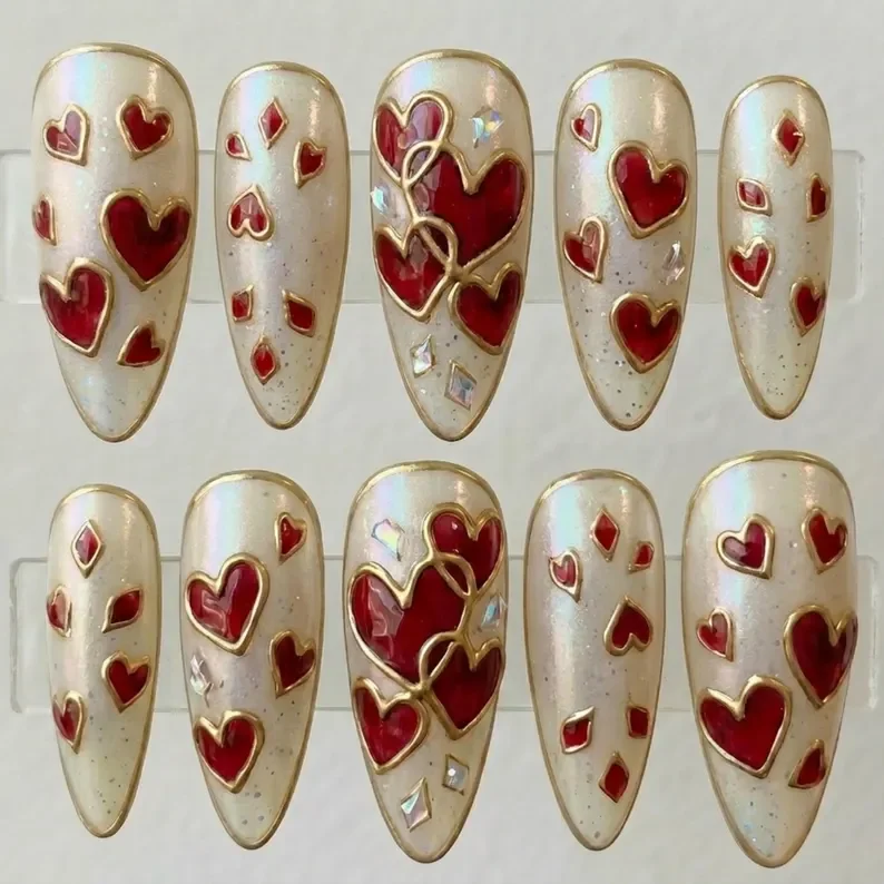 press on nails, red heart nails, custom press on nails, fake nails, Nails Art, stained glass nails, gold press on nails, 3d press on nails, luxury press on nails, handmade press on nails