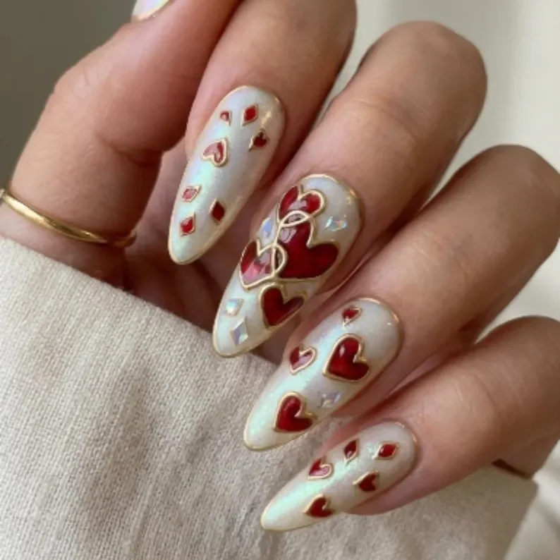 3D gold filigree, iridescent pearl, press on nails, custom press on nails, fake nails, Nails Art, stained glass nails, gold press on nails, 3d press on nails, luxury press on nails, handmade press on nails