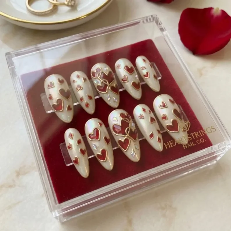 press on nails, red heart nails, custom press on nails, fake nails, Nails Art, stained glass nails, gold press on nails, 3d press on nails, luxury press on nails, handmade press on nails