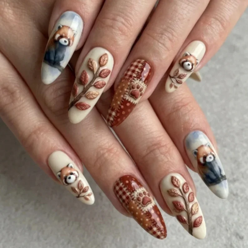 red panda nails, patchwork nail art, press on nails, custom press on nails, fake nails, Nails Art, stained glass nails, gold press on nails, 3d press on nails, luxury press on nails, handmade press on nails