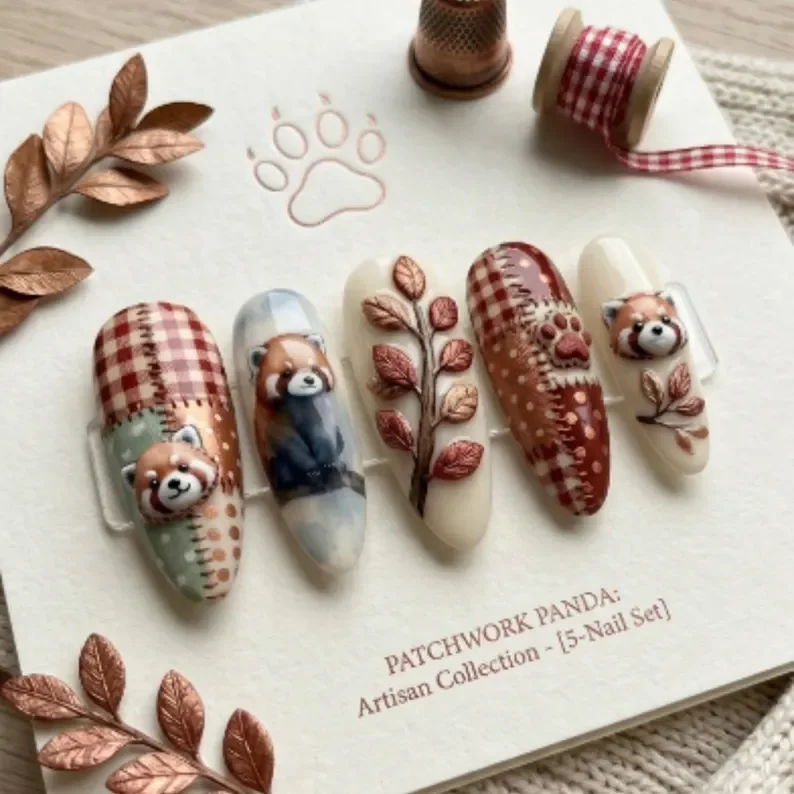 red panda nails, patchwork nail art, press on nails, custom press on nails, fake nails, Nails Art, stained glass nails, gold press on nails, 3d press on nails, luxury press on nails, handmade press on nails