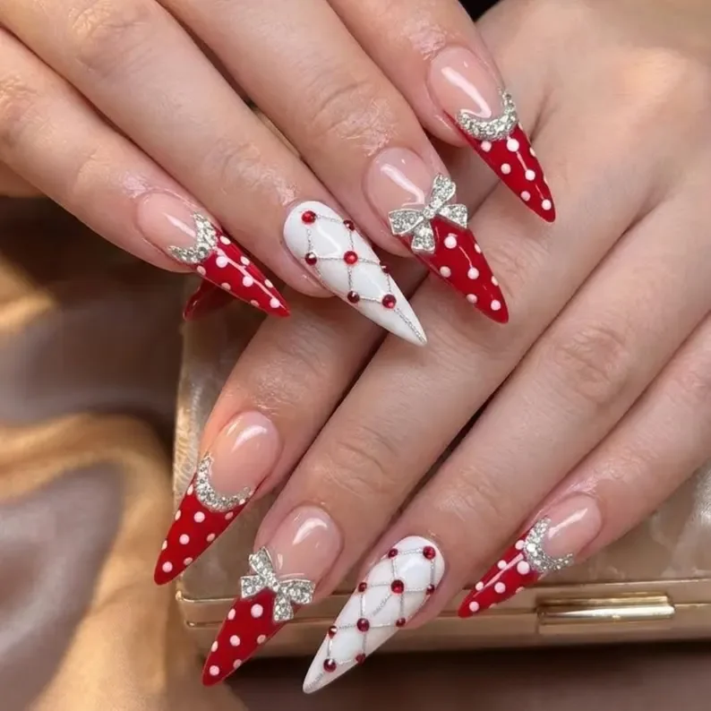 luxury 3D bow, rhinestone lattice, press on nails, custom press on nails, fake nails, Nails Art, stained glass nails, gold press on nails, 3d press on nails, luxury press on nails, handmade press on nails