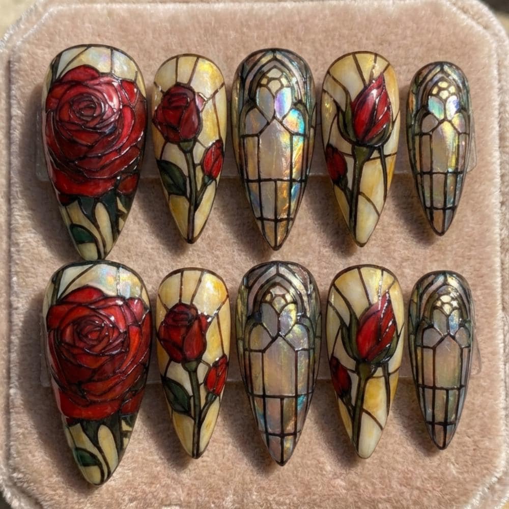 red rose nails, stained glass nails, press on nails, custom press on nails, fake nails, Nails Art, gold press on nails, 3d press on nails, luxury press on nails, handmade press on nails