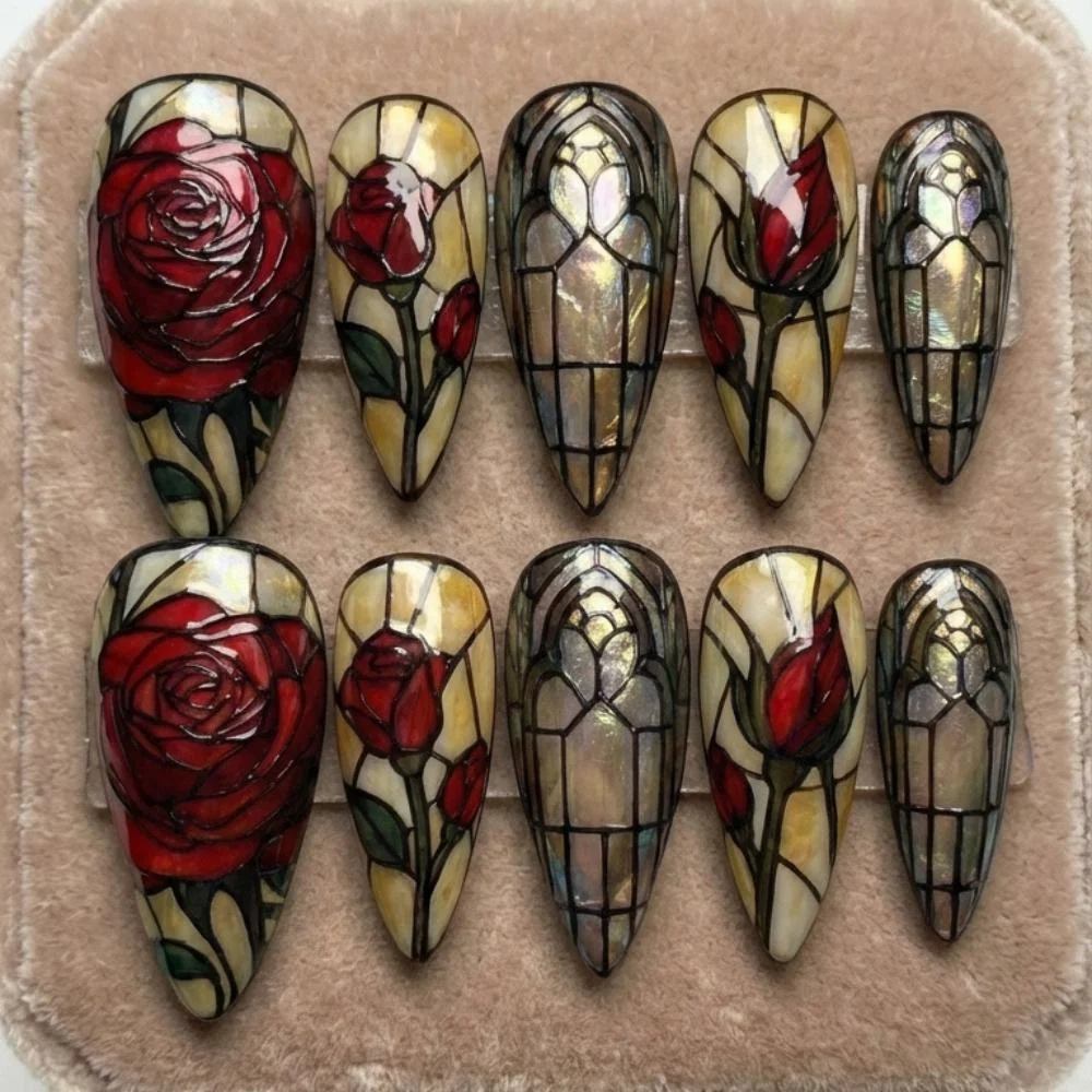 victorian almond, gothic victorian, press on nails, custom press on nails, fake nails, Nails Art, stained glass nails, gold press on nails, 3d press on nails, luxury press on nails, handmade press on nails