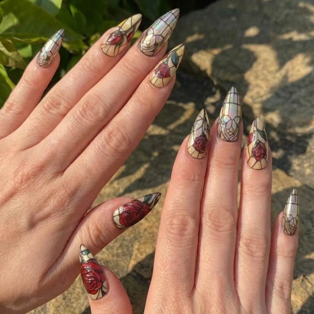 almond press on, red rose design, press on nails, custom press on nails, fake nails, Nails Art, stained glass nails, gold press on nails, 3d press on nails, luxury press on nails, handmade press on nails