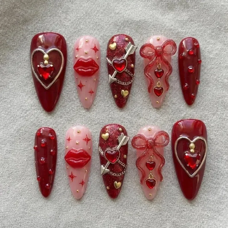 red velvet nails, 3D valentine nails, press on nails, custom press on nails, fake nails, Nails Art, stained glass nails, gold press on nails, 3d press on nails, luxury press on nails, handmade press on nails