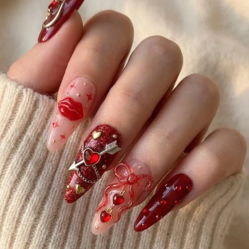 valentine romance, press-on nails, press on nails, custom press on nails, fake nails, Nails Art, stained glass nails, gold press on nails, 3d press on nails, luxury press on nails, handmade press on nails