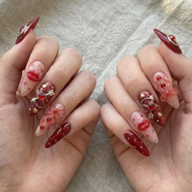 coquette nail art, heart lips design, press on nails, custom press on nails, fake nails, Nails Art, stained glass nails, gold press on nails, 3d press on nails, luxury press on nails, handmade press on nails