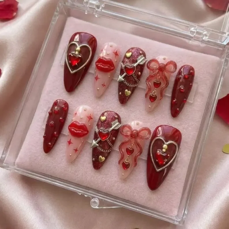 red velvet nails, 3D valentine nails, press on nails, custom press on nails, fake nails, Nails Art, stained glass nails, gold press on nails, 3d press on nails, luxury press on nails, handmade press on nails