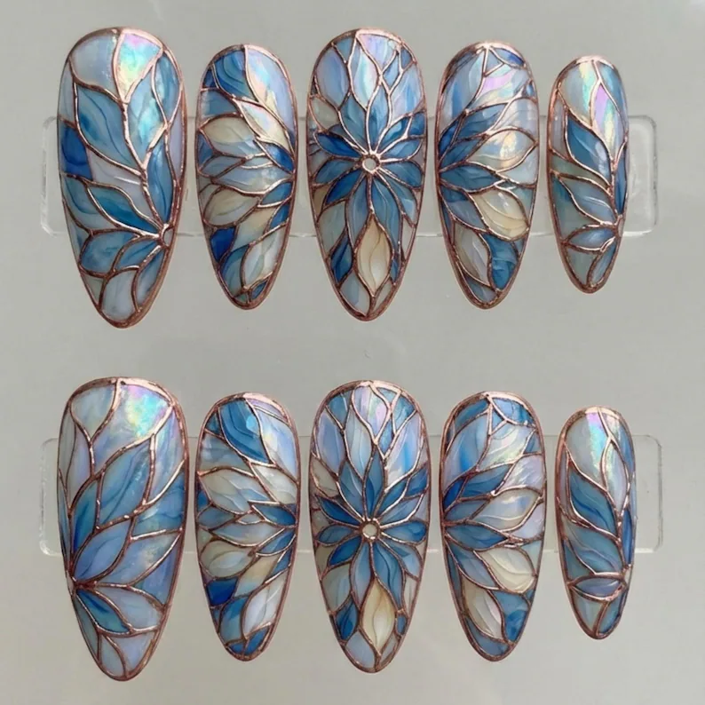blue rose gold, ethereal floral art, press on nails, custom press on nails, fake nails, Nails Art, stained glass nails, gold press on nails, 3d press on nails, luxury press on nails, handmade press on nails