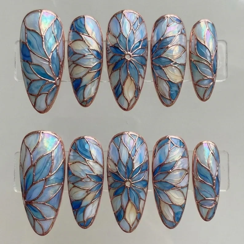 mermaidcore press on nails, stained glass nails, press on nails, custom press on nails, fake nails, Nails Art, gold press on nails, 3d press on nails, luxury press on nails, handmade press on nails