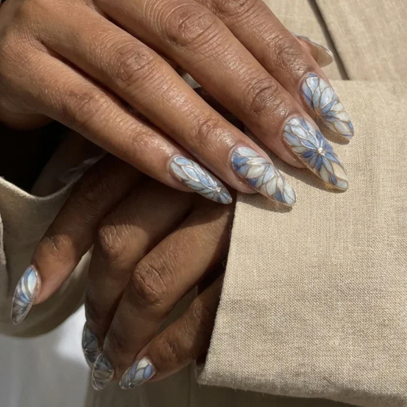 blue rose gold, ethereal floral art, press on nails, custom press on nails, fake nails, Nails Art, stained glass nails, gold press on nails, 3d press on nails, luxury press on nails, handmade press on nails