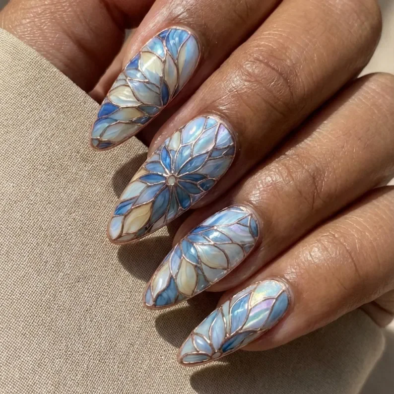 floral press on nails, regal mermaidcore, press on nails, custom press on nails, fake nails, Nails Art, stained glass nails, gold press on nails, 3d press on nails, luxury press on nails, handmade press on nails