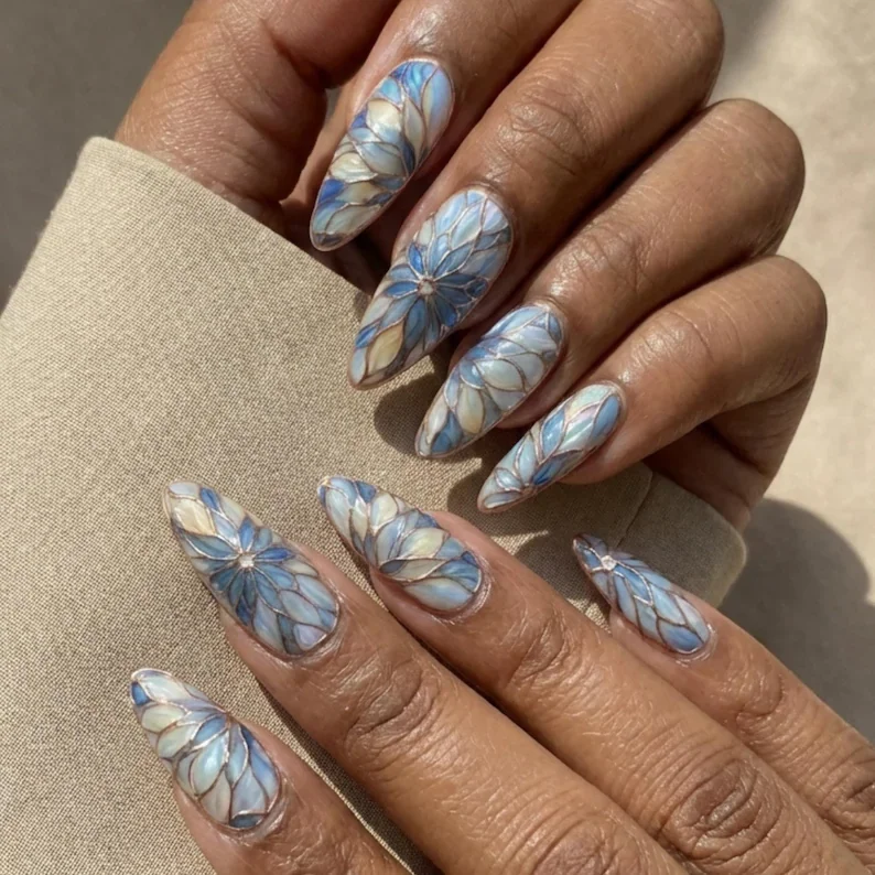 rose gold accents, blue floral nails, press on nails, custom press on nails, fake nails, Nails Art, stained glass nails, gold press on nails, 3d press on nails, luxury press on nails, handmade press on nails