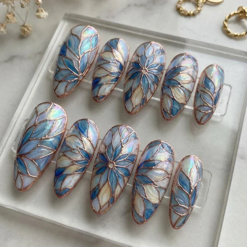 mermaidcore press on nails, stained glass nails, press on nails, custom press on nails, fake nails, Nails Art, gold press on nails, 3d press on nails, luxury press on nails, handmade press on nails