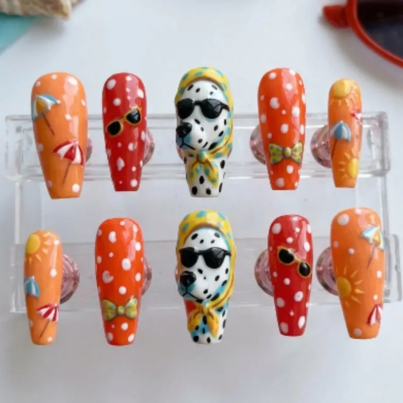 dalmatian nails, hand-painted nails, press on nails, custom press on nails, fake nails, Nails Art, stained glass nails, gold press on nails, 3d press on nails, luxury press on nails, handmade press on nails
