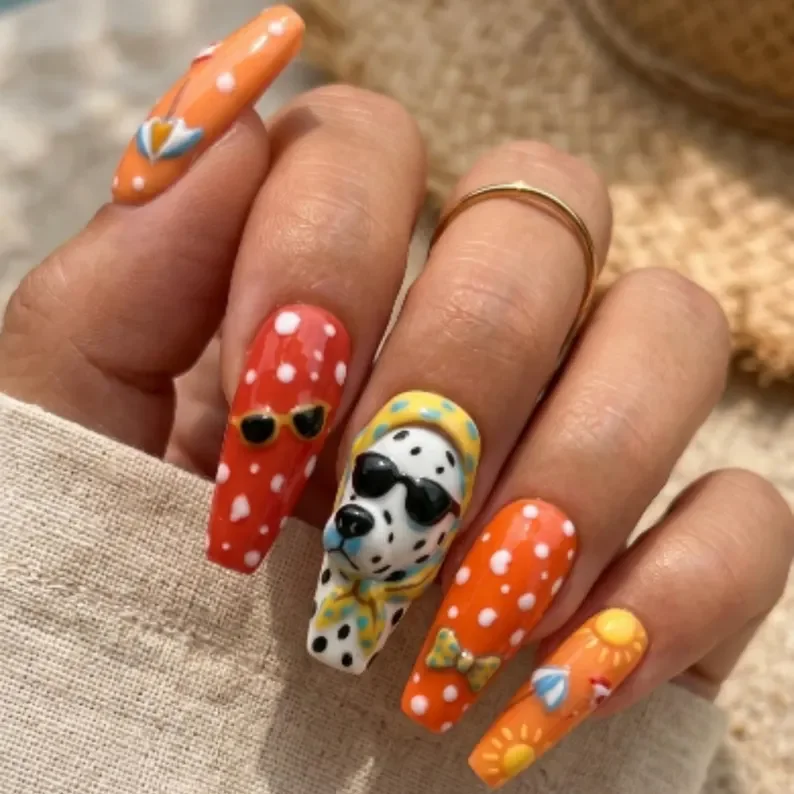 hand-painted nails, summer vacation, press on nails, custom press on nails, fake nails, Nails Art, stained glass nails, gold press on nails, 3d press on nails, luxury press on nails, handmade press on nails