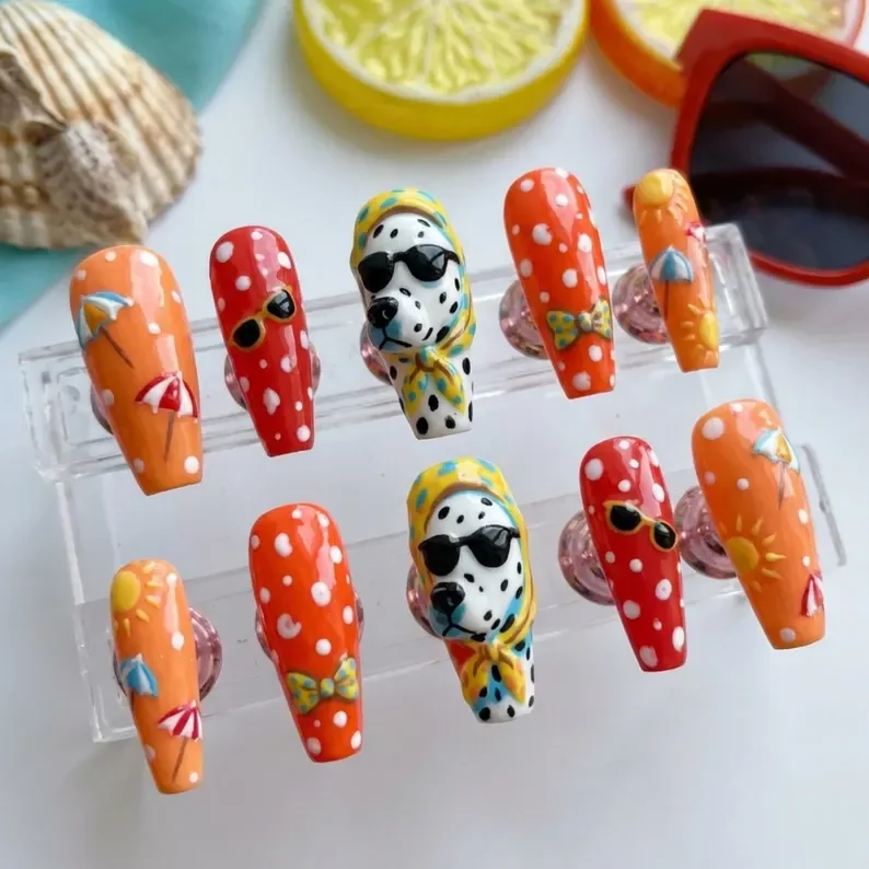retro summer, retro beach day, press on nails, custom press on nails, fake nails, Nails Art, stained glass nails, gold press on nails, 3d press on nails, luxury press on nails, handmade press on nails