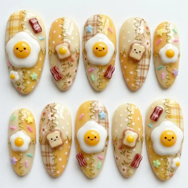 hand-painted 3D nails, breakfast press on, press on nails, custom press on nails, fake nails, Nails Art, stained glass nails, gold press on nails, 3d press on nails, luxury press on nails, handmade press on nails