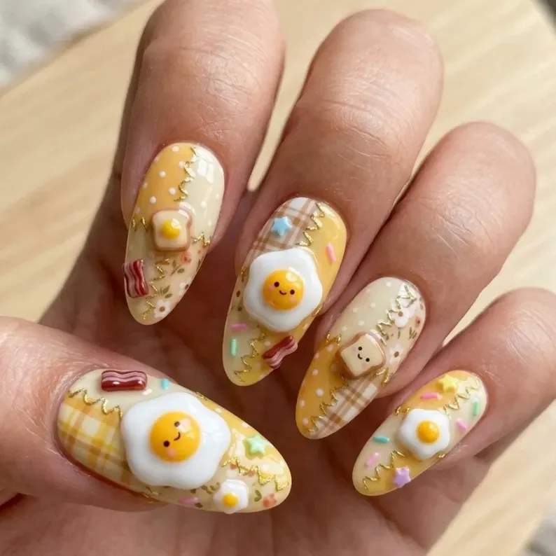 kawaii egg nails, toast artisan set, press on nails, custom press on nails, fake nails, Nails Art, stained glass nails, gold press on nails, 3d press on nails, luxury press on nails, handmade press on nails