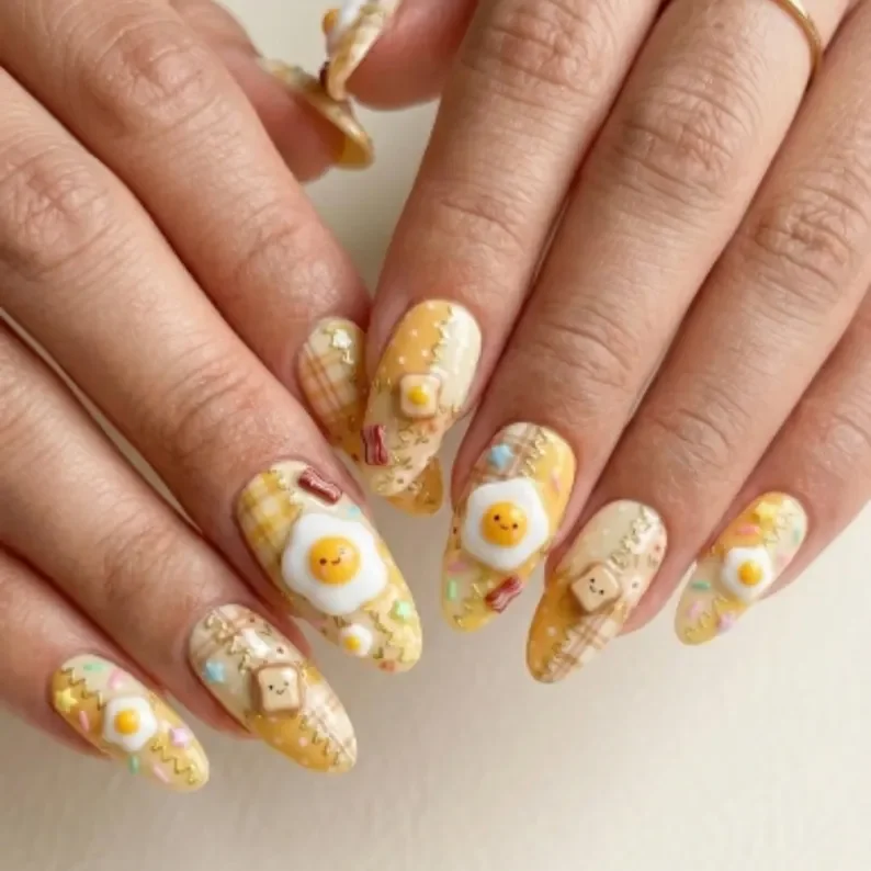 3D breakfast nails, press on nail set, press on nails, custom press on nails, fake nails, Nails Art, stained glass nails, gold press on nails, 3d press on nails, luxury press on nails, handmade press on nails