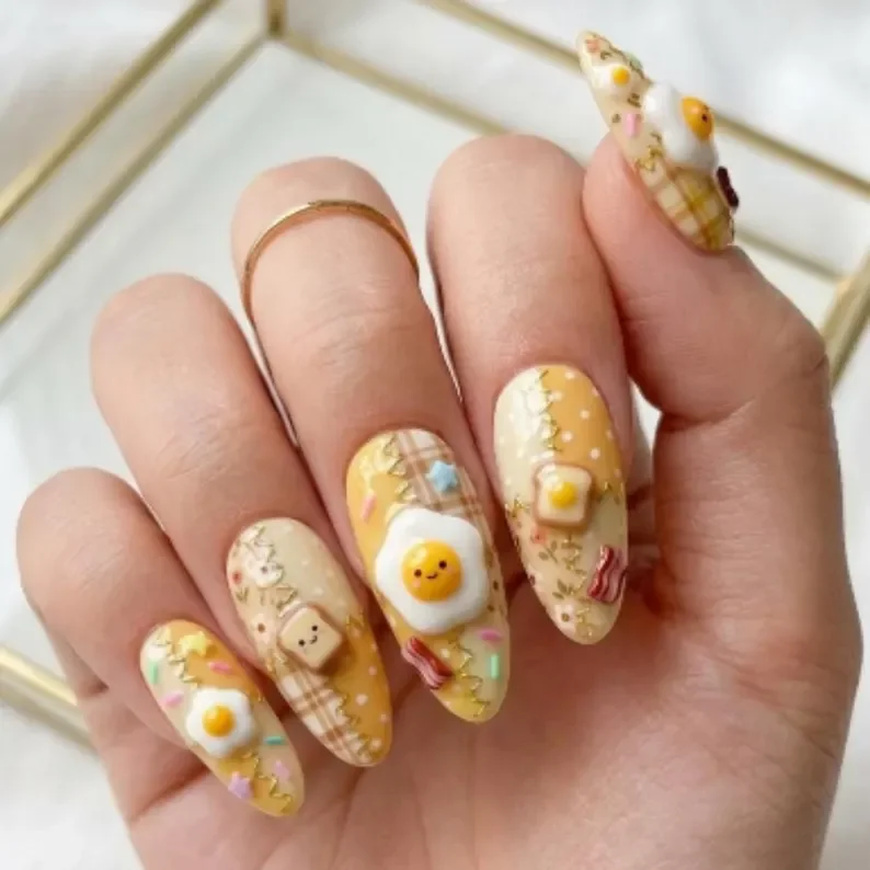 artisan egg toast, cute breakfast nails, press on nails, custom press on nails, fake nails, Nails Art, stained glass nails, gold press on nails, 3d press on nails, luxury press on nails, handmade press on nails