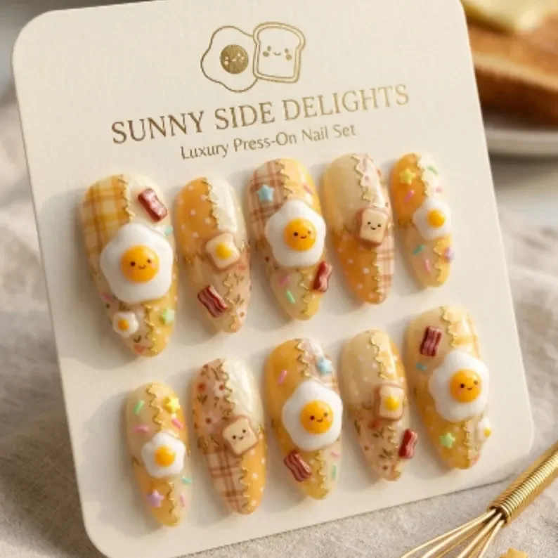 hand-painted 3D nails, breakfast press on, press on nails, custom press on nails, fake nails, Nails Art, stained glass nails, gold press on nails, 3d press on nails, luxury press on nails, handmade press on nails