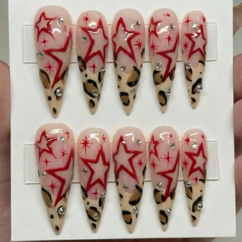 red star nails, leopard print nails, press on nails, custom press on nails, fake nails, Nails Art, stained glass nails, gold press on nails, 3d press on nails, luxury press on nails, handmade press on nails