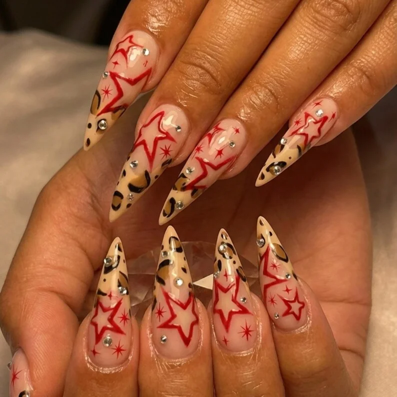 Y2K red star, leopard print art, press on nails, custom press on nails, fake nails, Nails Art, stained glass nails, gold press on nails, 3d press on nails, luxury press on nails, handmade press on nails