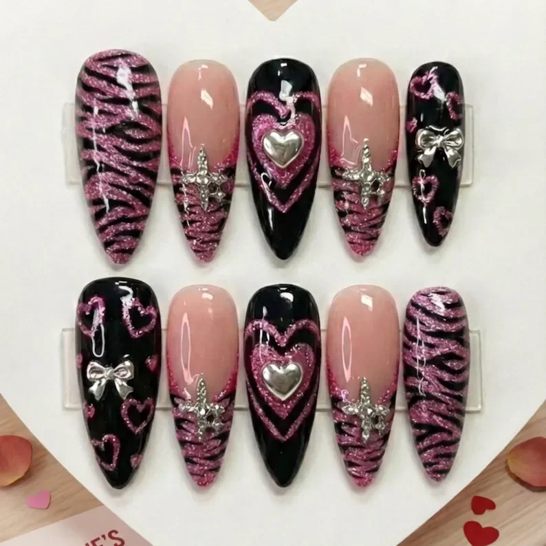 Pink glitter nails, Zebra nail art, press on nails, custom press on nails, fake nails, Nails Art, stained glass nails, gold press on nails, 3d press on nails, luxury press on nails, handmade press on nails