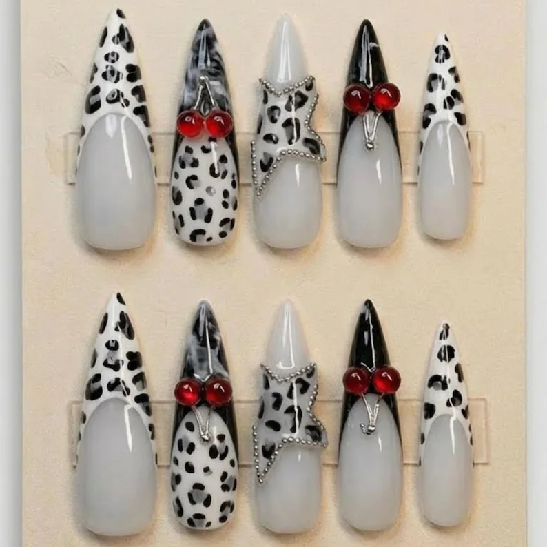 rockstar nails, 3D cherry accents, press on nails, custom press on nails, fake nails, Nails Art, stained glass nails, gold press on nails, 3d press on nails, luxury press on nails, handmade press on nails