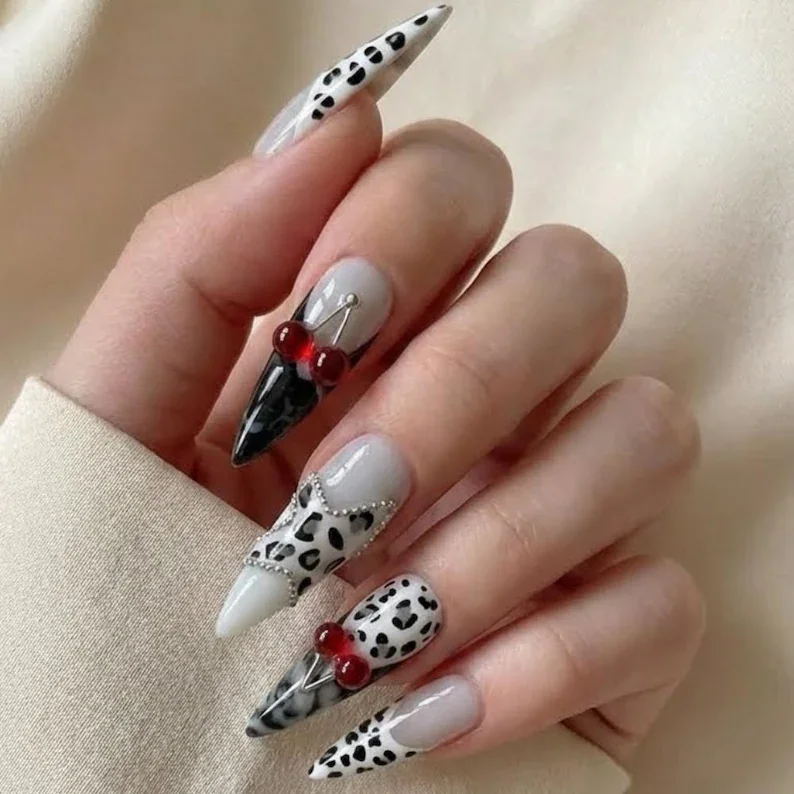 rockstar nails, 3D cherry accents, press on nails, custom press on nails, fake nails, Nails Art, stained glass nails, gold press on nails, 3d press on nails, luxury press on nails, handmade press on nails