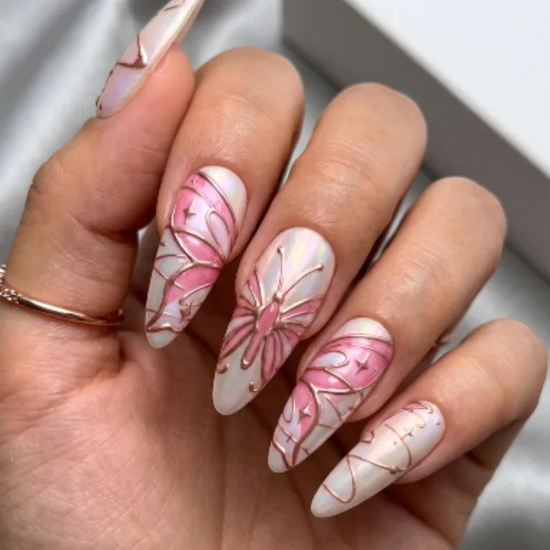 iridescent pearl, pink fairy art, press on nails, custom press on nails, fake nails, Nails Art, stained glass nails, gold press on nails, 3d press on nails, luxury press on nails, handmade press on nails
