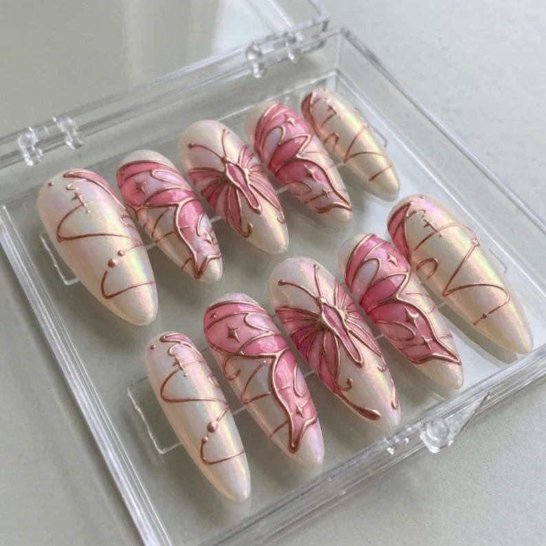 rose gold nails, butterfly press ons, press on nails, custom press on nails, fake nails, Nails Art, stained glass nails, gold press on nails, 3d press on nails, luxury press on nails, handmade press on nails